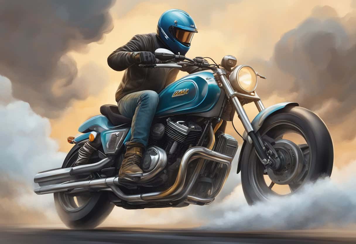 The motorcycle's engine emits a sharp, metallic pinging sound under load, as the rider looks on with concern.

The bike is surrounded by a cloud of exhaust fumes