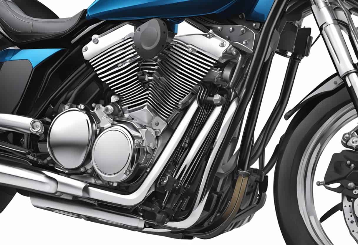 The motorcycle's engine emits a sharp, metallic sound while under load, causing vibrations and visible signs of stress on the engine components